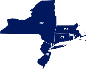 Service area map showing NY, MA, CT, RI, NJ